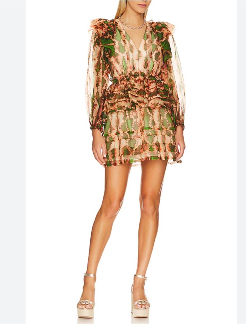 Ulla Johnson Adelaide Ruffled Printed Silk Green and Pink Mini Dress - LIKE NEW